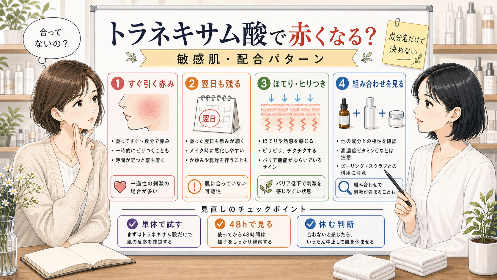 トラネキサム酸で赤くなる時の見分け方を示す美容メディア風アイキャッチ
