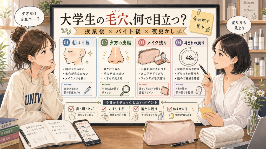 大学生の毛穴が授業後やバイト後に目立つ理由を相談する女性と診断ボード