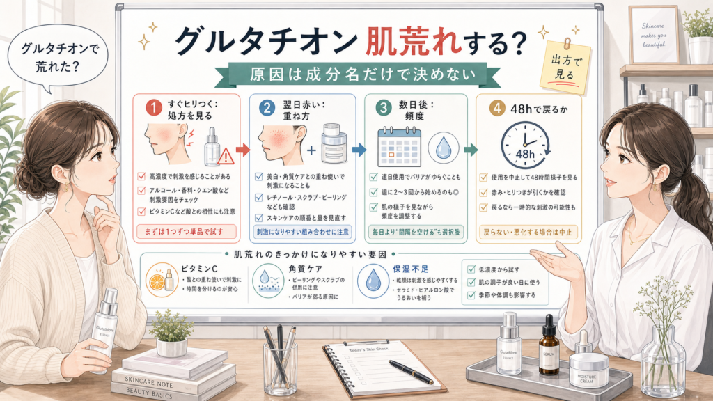グルタチオン配合コスメで肌荒れした時の原因を整理する美容メディア風アイキャッチ