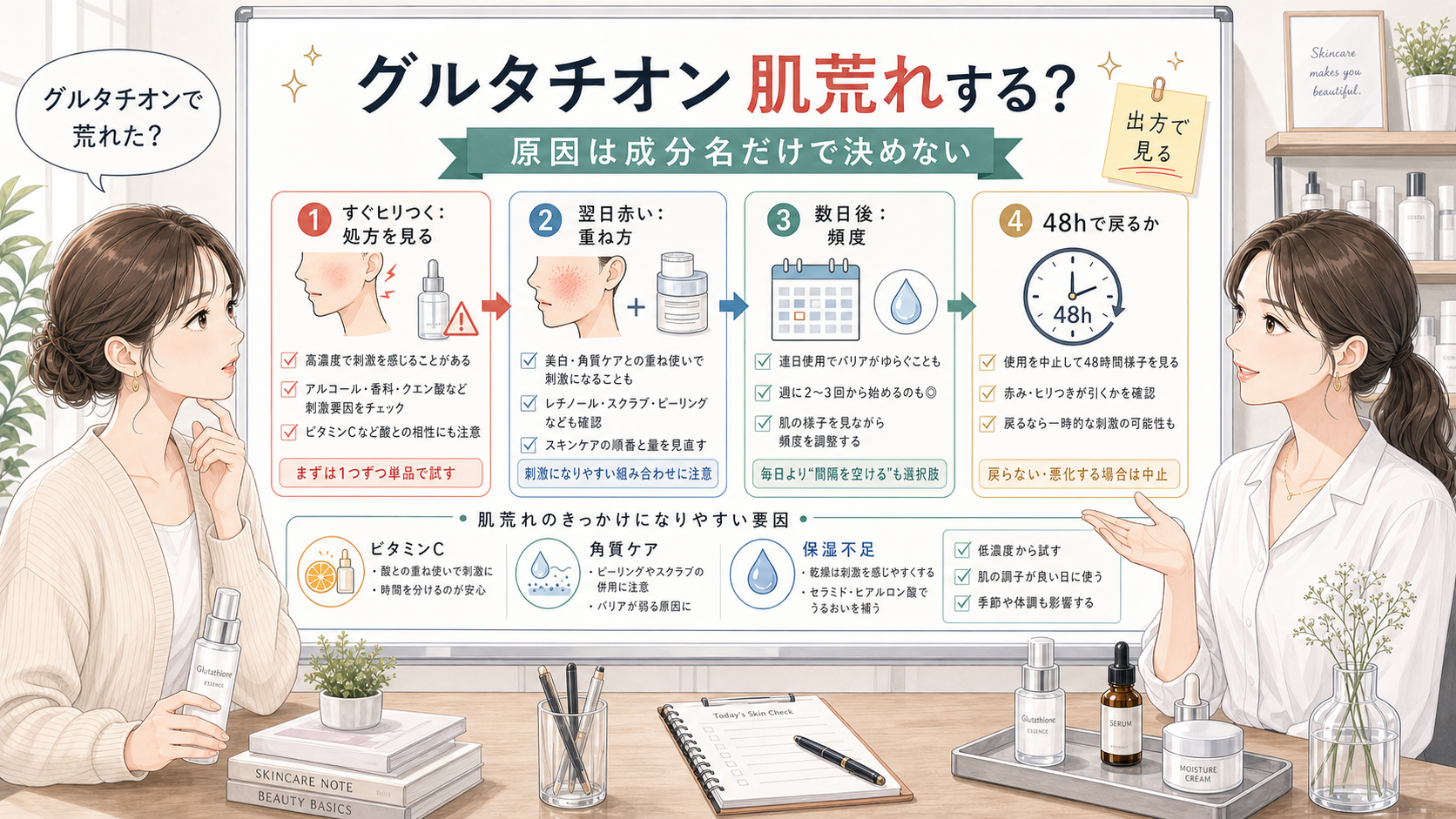 グルタチオン配合コスメで肌荒れした時の原因を整理する美容メディア風アイキャッチ