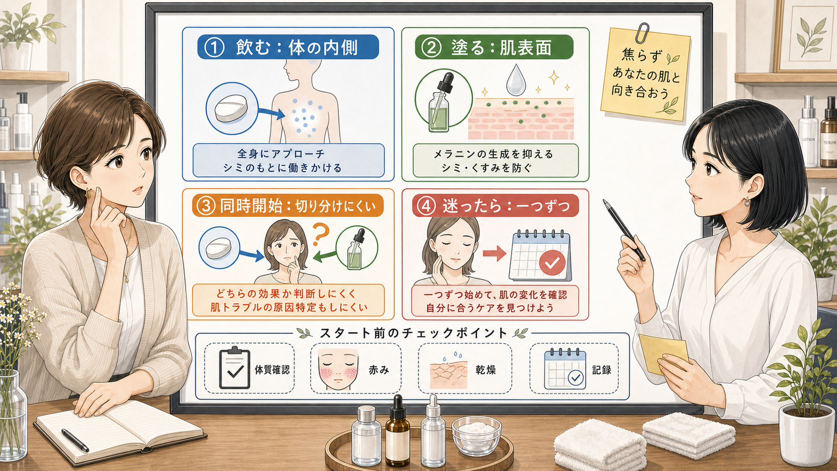 飲むトラネキサム酸と塗るトラネキサム酸の違いを比較する美容メディア風イラスト