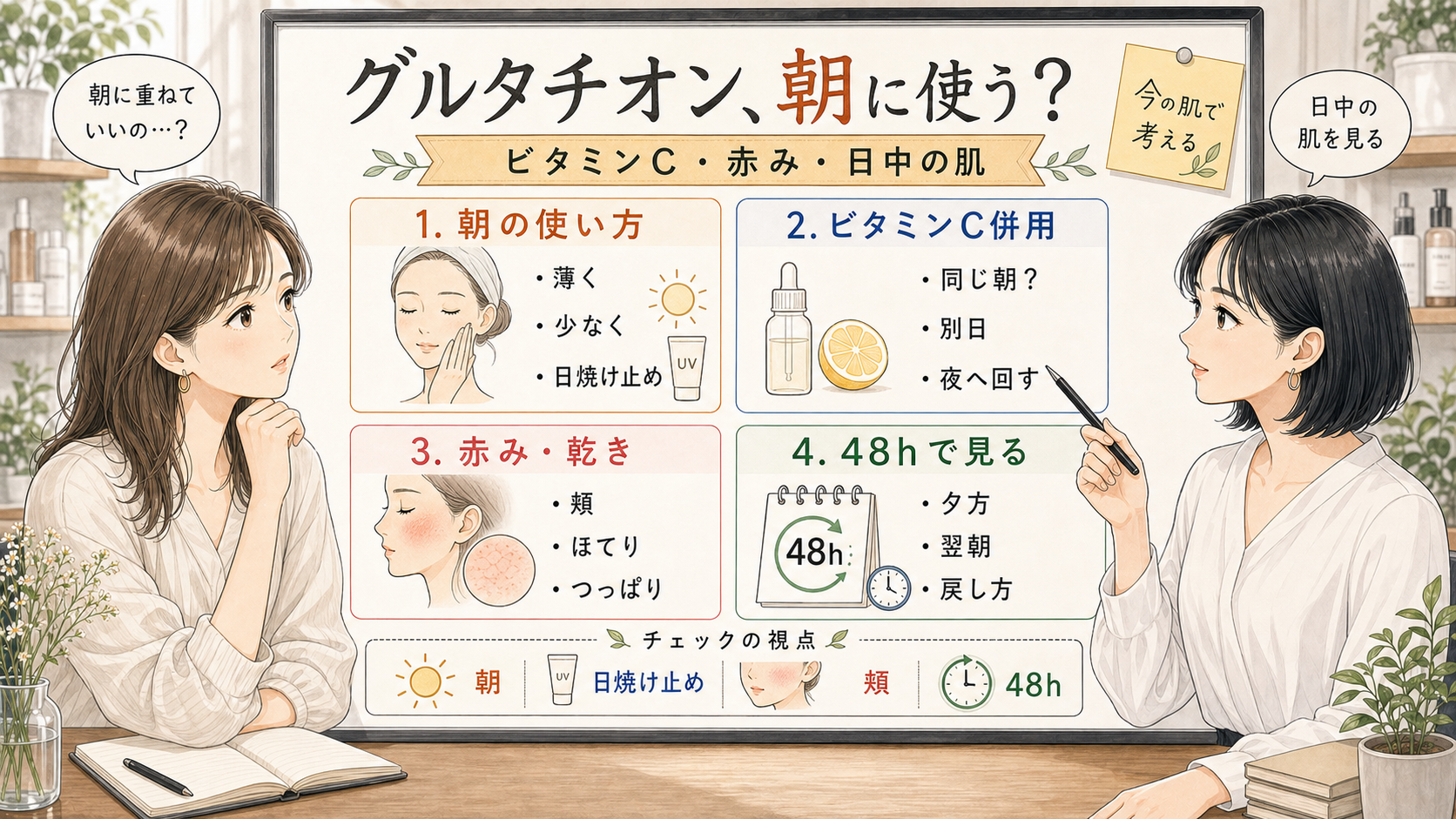 グルタチオンを朝に使うかビタミンC併用と赤みで整理する美容相談アイキャッチ