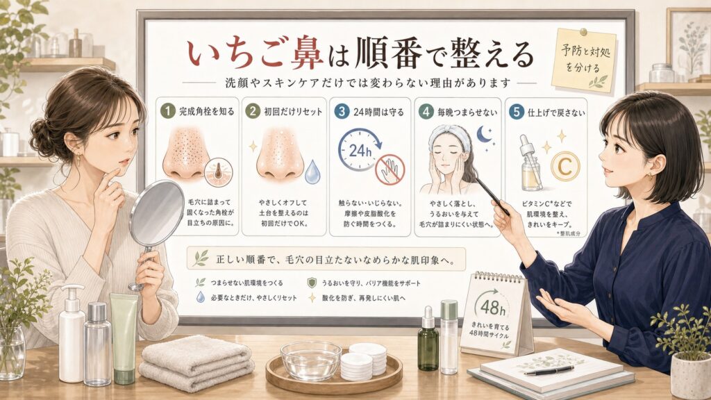いちご鼻を完成角栓の理解、初回リセット、24時間の保護、毎晩の習慣、仕上げのケアという5ステップで整理した1433基準の半写実美容メディア風イラスト