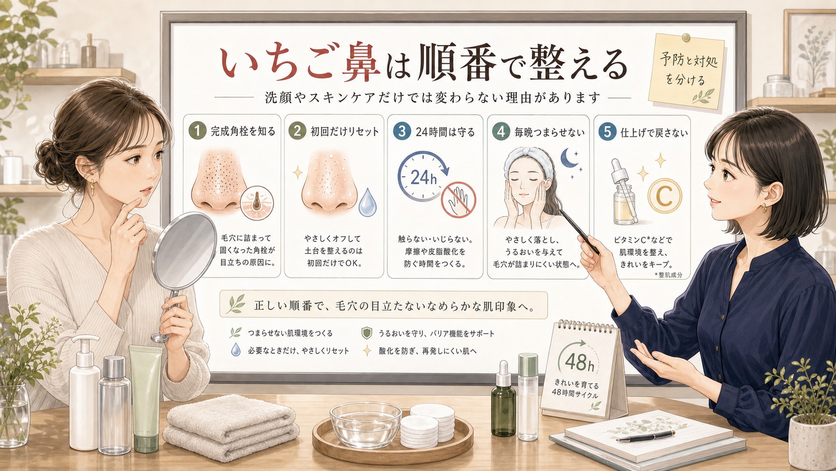 いちご鼻を完成角栓の理解、初回リセット、24時間の保護、毎晩の習慣、仕上げのケアという5ステップで整理した1433基準の半写実美容メディア風イラスト