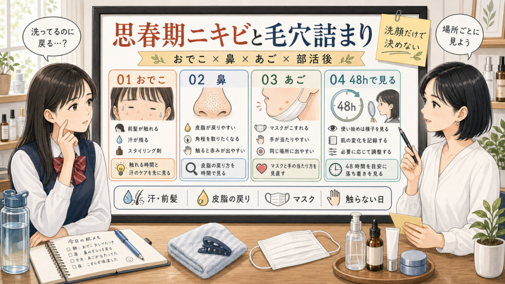 思春期ニキビと毛穴詰まりを、おでこ・鼻・あご・48時間で見分ける診断ボード