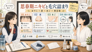 思春期ニキビと毛穴詰まりを、おでこ・鼻・あご・48時間で見分ける診断ボード