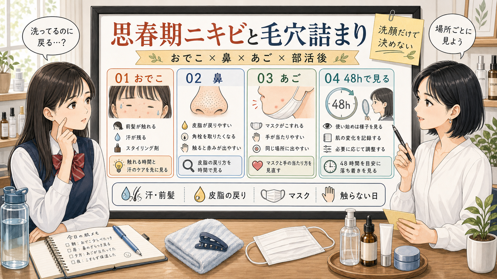 思春期ニキビと毛穴詰まりを、おでこ・鼻・あご・48時間で見分ける診断ボード