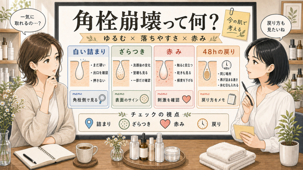 角栓崩壊という言葉を白い詰まり、ざらつき、赤み、48時間の戻り方で整理する美容相談アイキャッチ