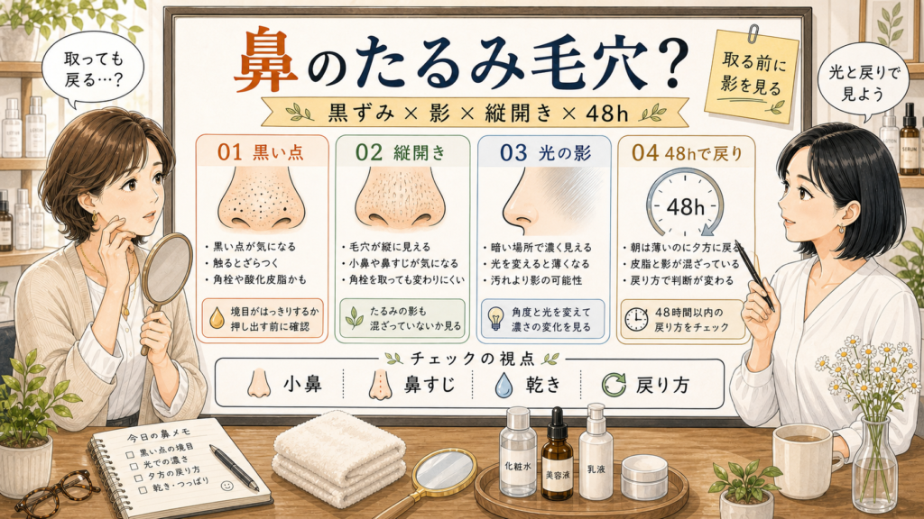 50代の鼻のたるみ毛穴を、黒ずみ・影・縦開き・48時間で見分ける診断ボード