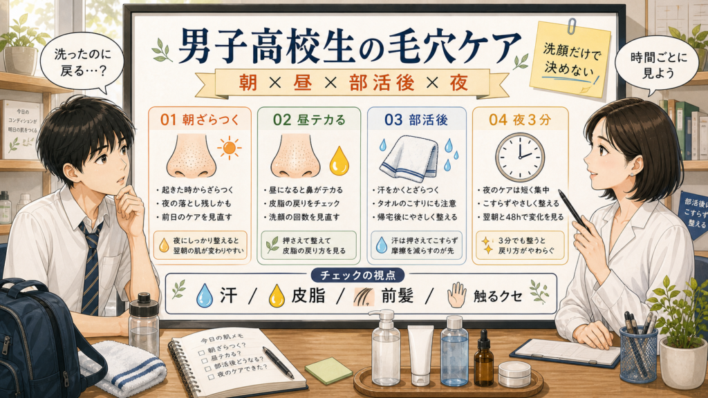 男子高校生の毛穴ケアを、朝・昼・部活後・夜の戻り方で見分ける診断ボード