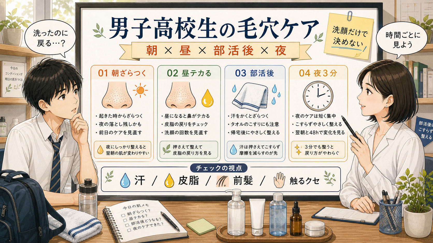 男子高校生の毛穴ケアを、朝・昼・部活後・夜の戻り方で見分ける診断ボード