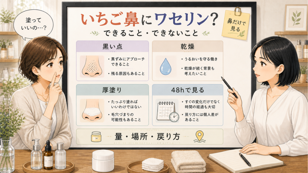 いちご鼻にワセリンを使うかを黒い点や乾燥や厚塗りで整理する美容相談ボード
