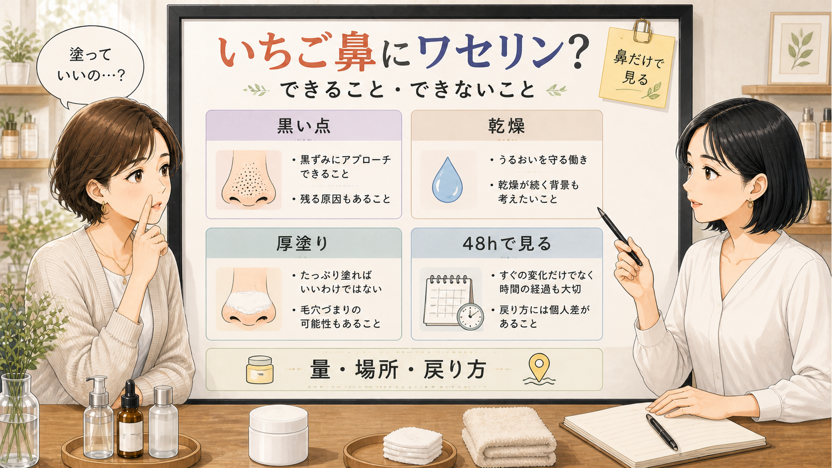 いちご鼻にワセリンを使うかを黒い点や乾燥や厚塗りで整理する美容相談ボード