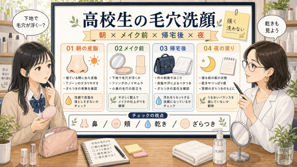 高校生の毛穴洗顔を朝・メイク前・帰宅後・夜で見分ける診断ボード