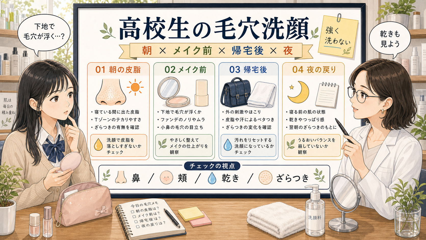高校生の毛穴洗顔を朝・メイク前・帰宅後・夜で見分ける診断ボード