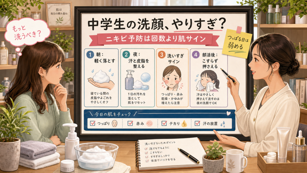 中学生のニキビ予防洗顔で洗いすぎサインを相談するアイキャッチ
