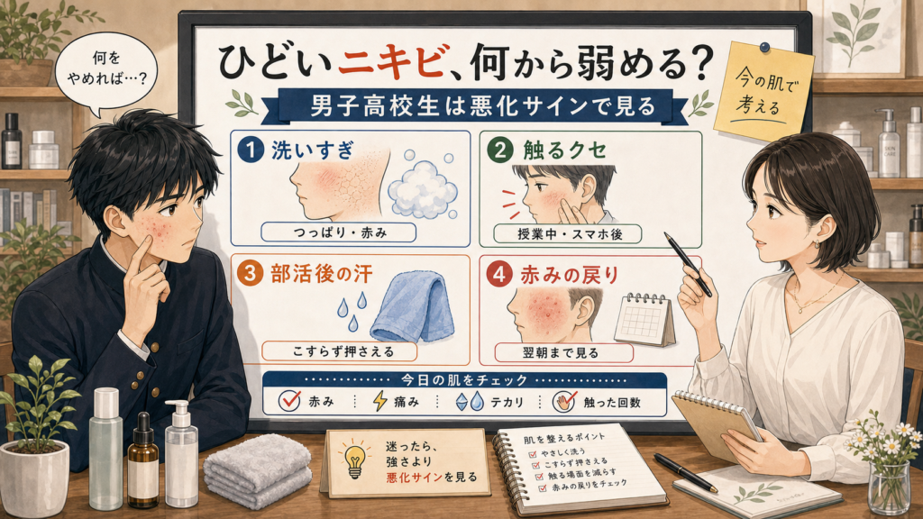 高校生男子のひどいニキビで悪化サインを相談するアイキャッチ