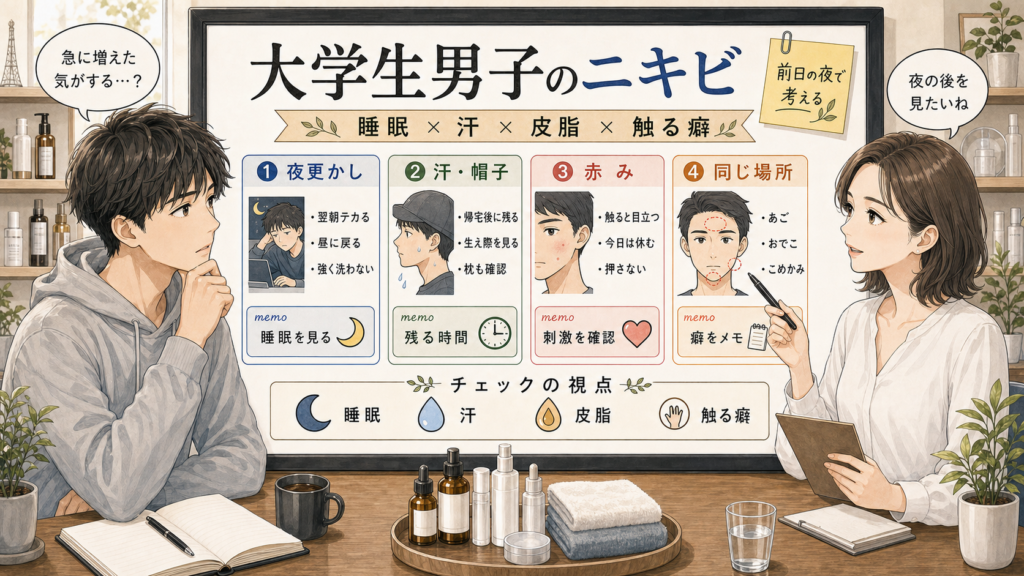 大学生男子のニキビを睡眠、汗、皮脂、触る癖で整理する美容相談アイキャッチ