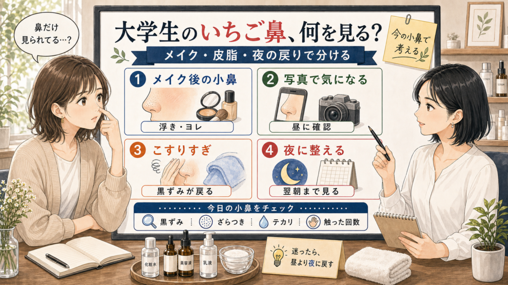 大学生のいちご鼻をメイク・皮脂・夜の戻りで分けて考える毛穴習慣の図解