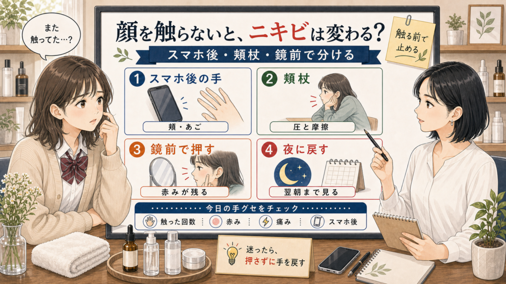 顔を触らないようにしてニキビの悪化を防ぐための手グセ見直し図解