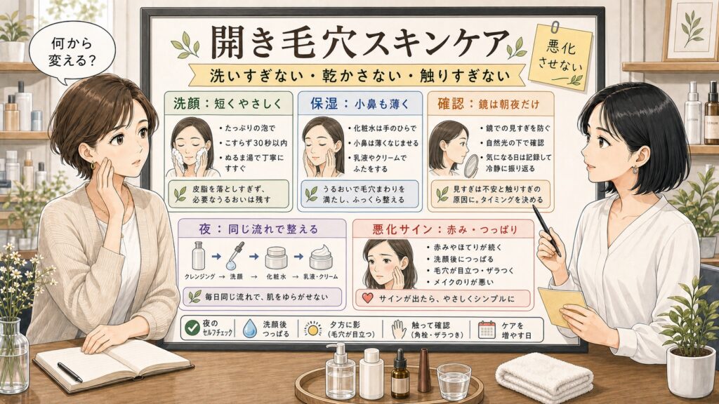 開き毛穴のスキンケアで洗顔・保湿・触らない夜の流れを見直す相談ボード