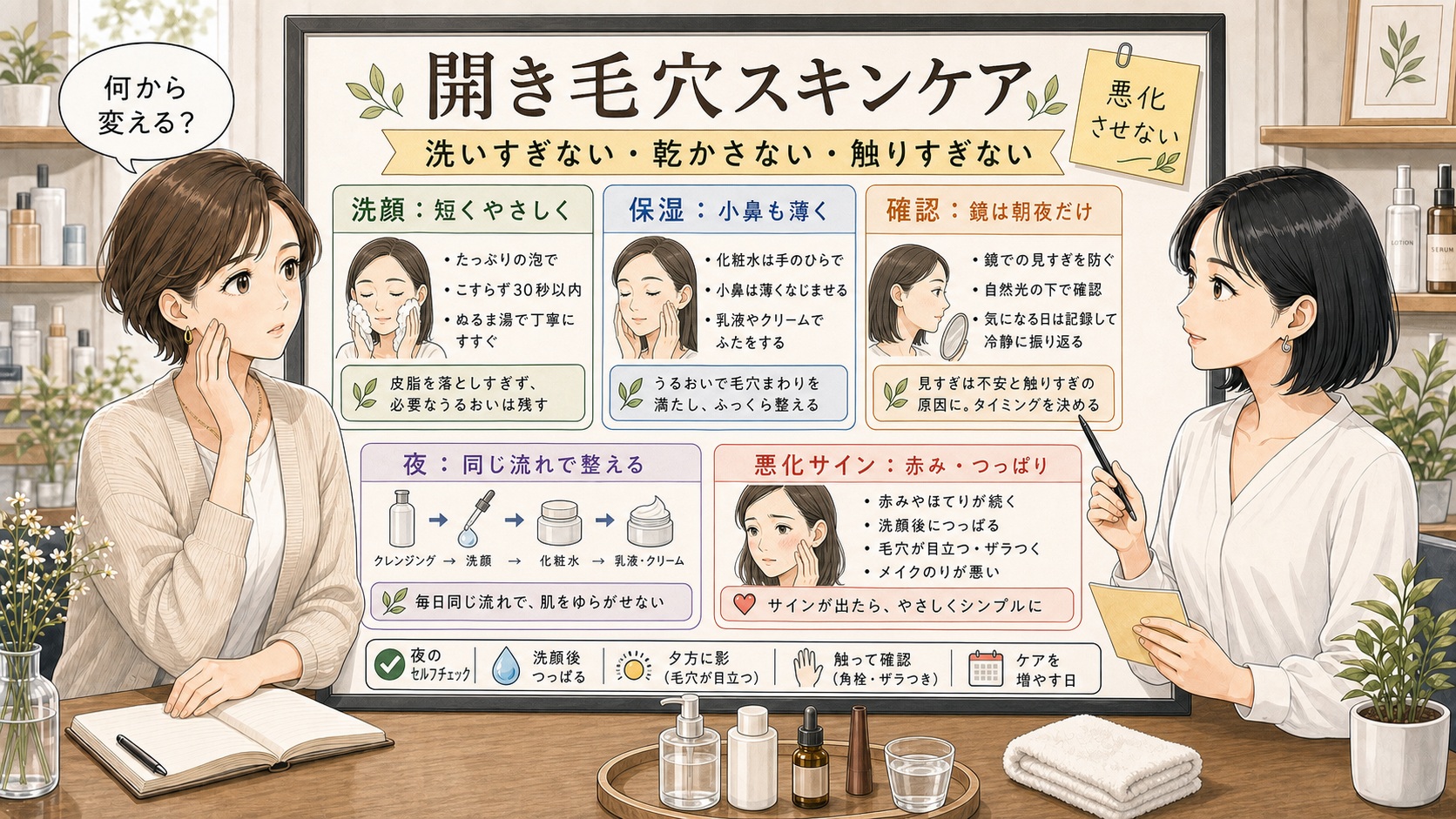 開き毛穴のスキンケアで洗顔・保湿・触らない夜の流れを見直す相談ボード