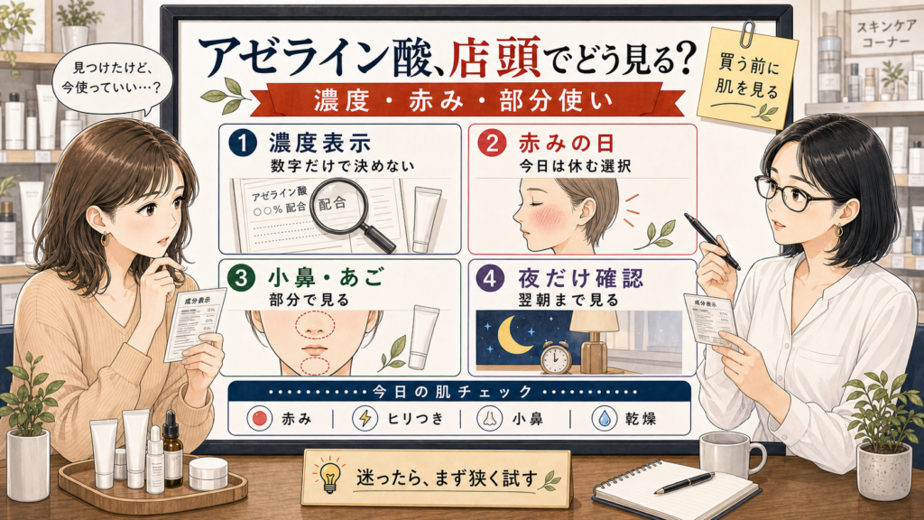 アゼライン酸をドラッグストアで選ぶ時に濃度・赤み・部分使いを見る判断軸の図解