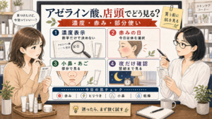 アゼライン酸をドラッグストアで選ぶ時に濃度・赤み・部分使いを見る判断軸の図解