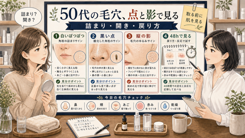 50代の毛穴詰まりと開き毛穴を点と影で見分ける美容相談ボード