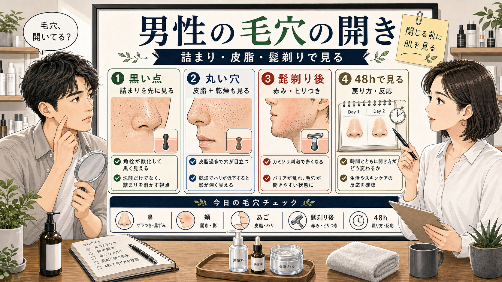 男性の毛穴の開きを詰まり皮脂髭剃りで見分ける美容相談ボード