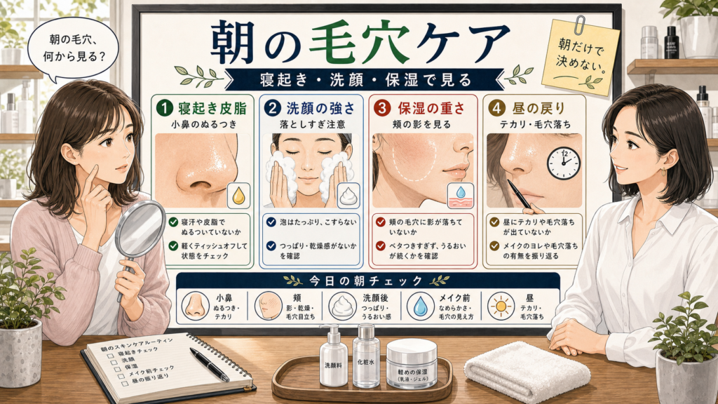 朝の毛穴ケアを寝起き皮脂洗顔保湿で見分ける美容相談ボード