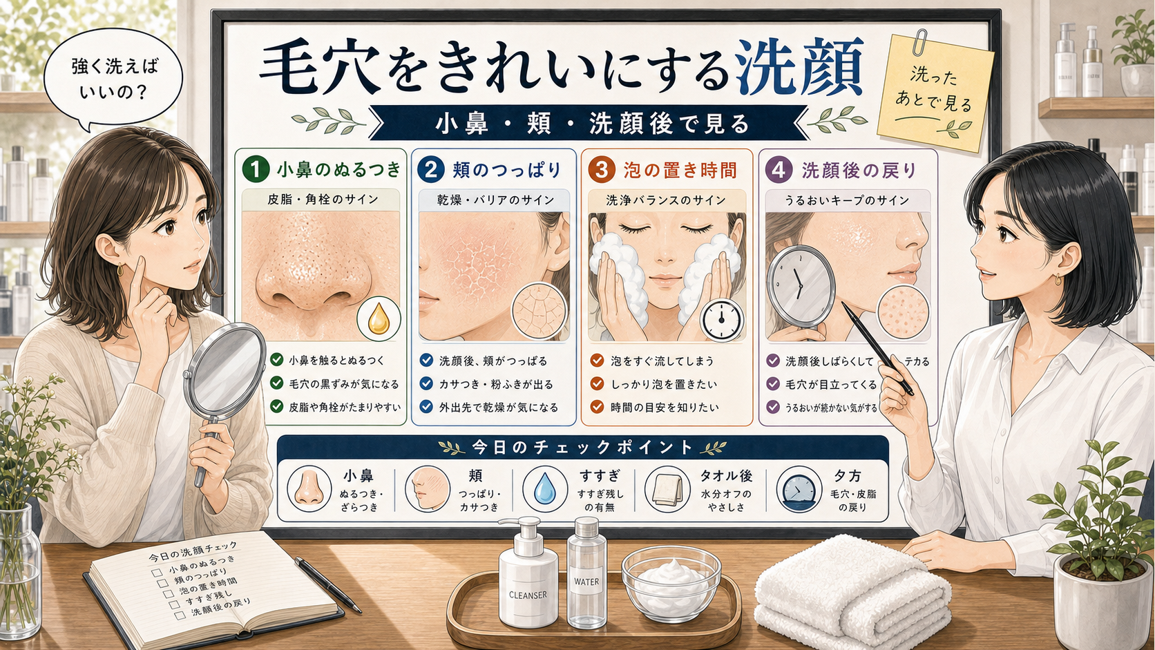 毛穴をきれいにする洗顔を小鼻・頬・洗顔後で見分ける相談ボード