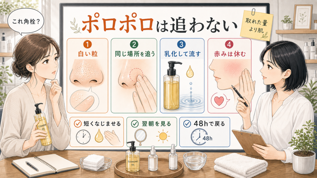 クレンジングオイルで角栓のような白い粒が出た時に、白い粒・同じ場所を追うこと・乳化・赤みを分けて判断する美容相談ボード