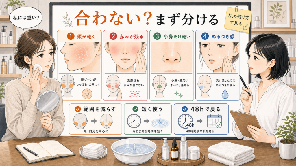 オイルクレンジングが合わないと感じる時に、頬の乾き・赤み・小鼻だけ軽い状態・ぬるつき感を分けて判断する美容相談ボード