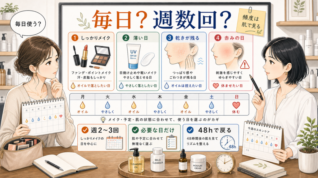 クレンジングオイルの頻度を、しっかりメイクの日・薄い日・乾きが残る日・赤みの日で分けて判断する美容相談ボード