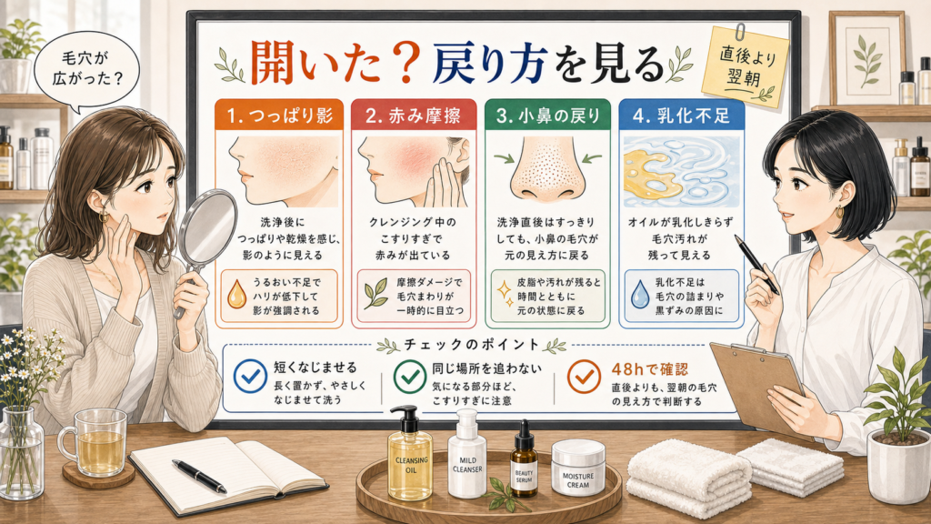 クレンジングオイル後に毛穴が開いたように見える時、つっぱり影・赤み摩擦・小鼻の戻り・乳化不足を分けて判断する美容相談ボード