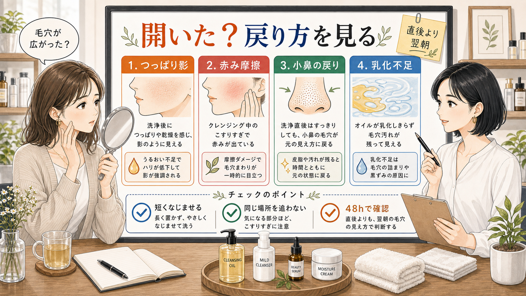 クレンジングオイル後に毛穴が開いたように見える時、つっぱり影・赤み摩擦・小鼻の戻り・乳化不足を分けて判断する美容相談ボード