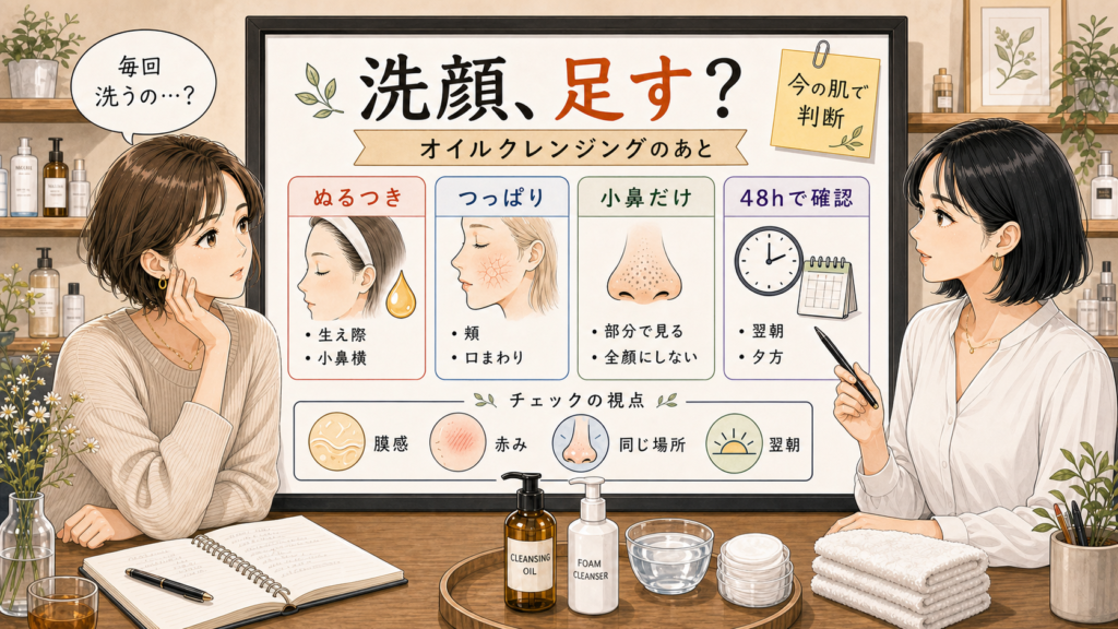 オイルクレンジング後に洗顔を足すか肌状態別に確認する美容相談ボード