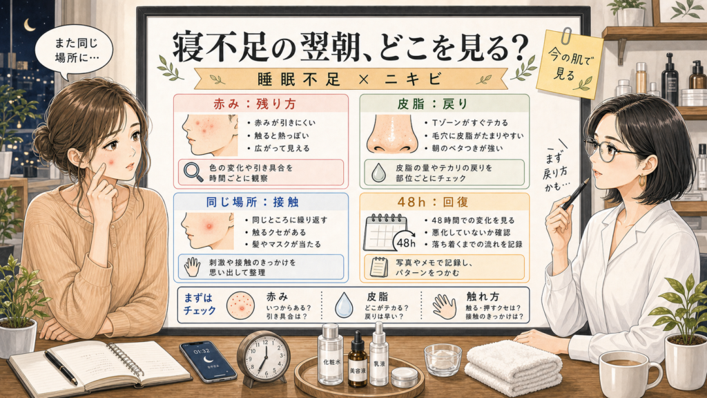 睡眠不足とニキビの関係を翌朝の赤みと皮脂で整理する美容相談アイキャッチ