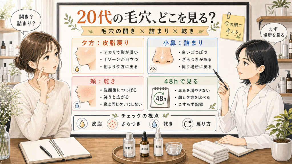20代の毛穴の開きを皮脂戻り、詰まり、乾き、48時間観察で見分ける相談室風イラスト