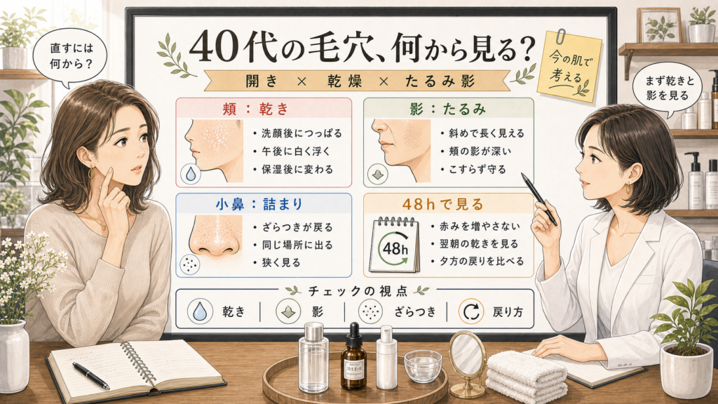 40代の毛穴の開きを乾燥、たるみ影、詰まり、48時間観察で見分ける相談室風イラスト