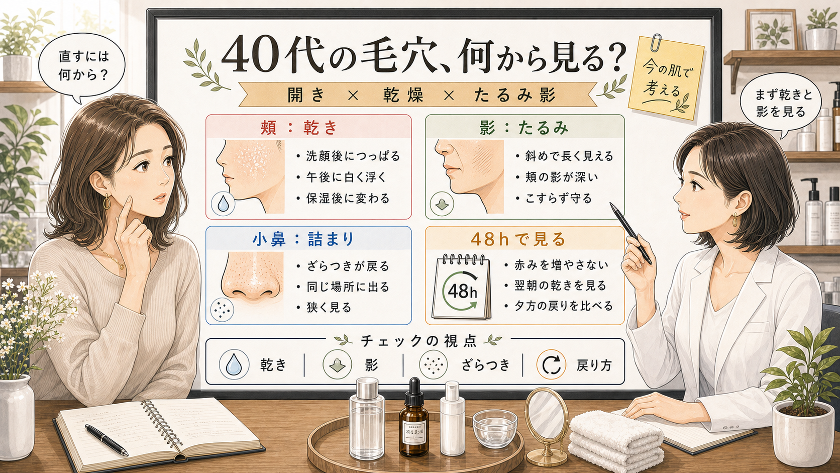40代の毛穴の開きを乾燥、たるみ影、詰まり、48時間観察で見分ける相談室風イラスト