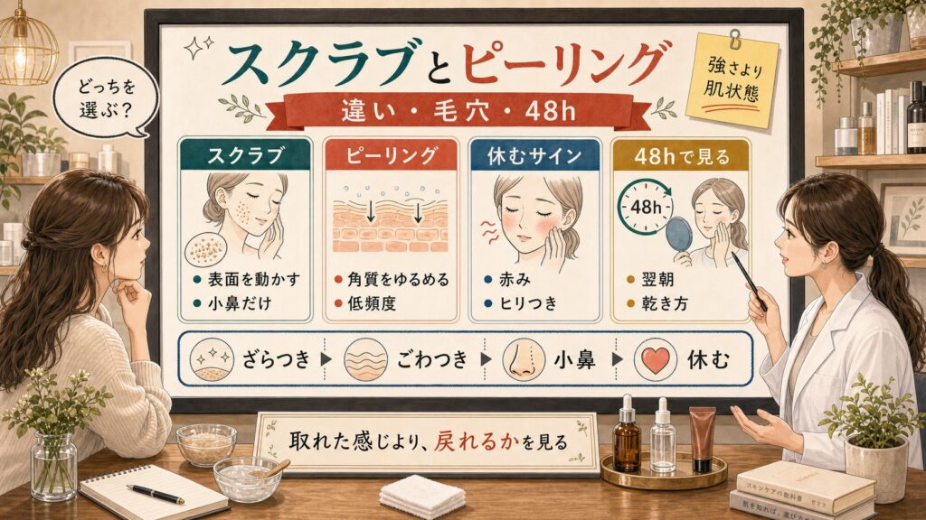 スクラブとピーリングの違いを毛穴悩み、休むサイン、48時間の戻り方で整理する美容相談ボード