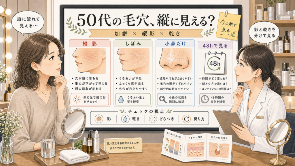 50代の加齢毛穴を縦影、乾き、小鼻だけの詰まり、48時間観察で見分ける相談室風イラスト