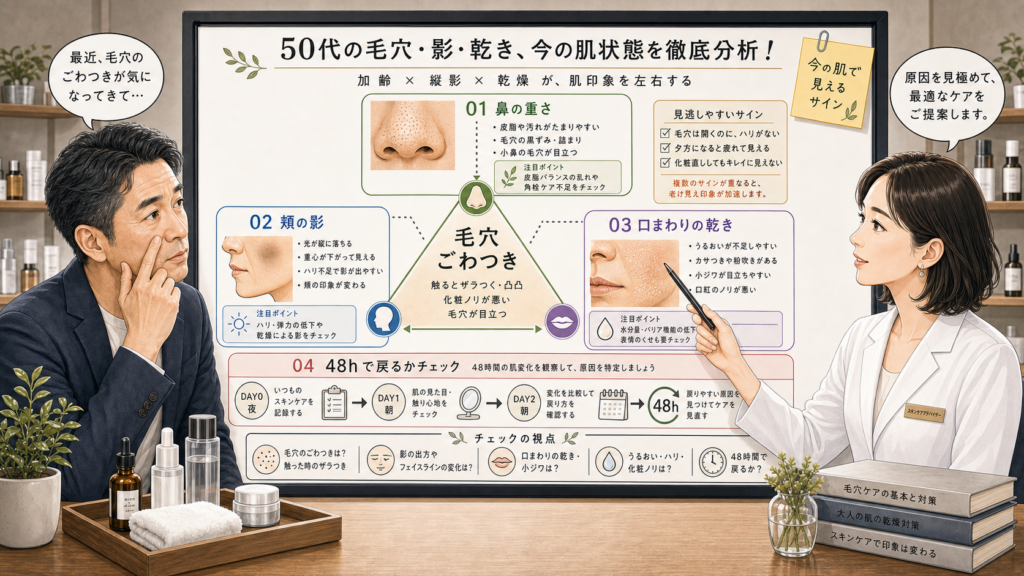 50代男性の毛穴ごわつきと鼻・頬・口まわりの乾きを見分ける相談ボード