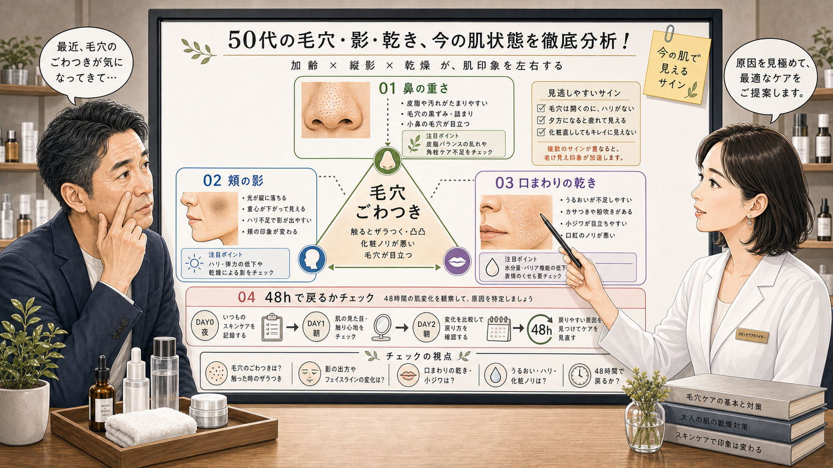 50代男性の毛穴ごわつきと鼻・頬・口まわりの乾きを見分ける相談ボード