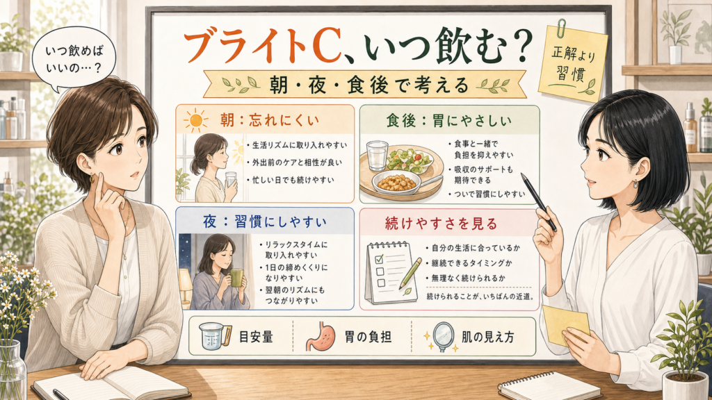 フィート ブライトCを朝・夜・食後の生活リズムで迷わず続けるための相談ボード風イラスト