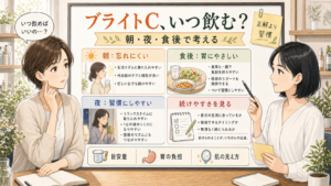 フィート ブライトCを朝・夜・食後の生活リズムで迷わず続けるための相談ボード風イラスト