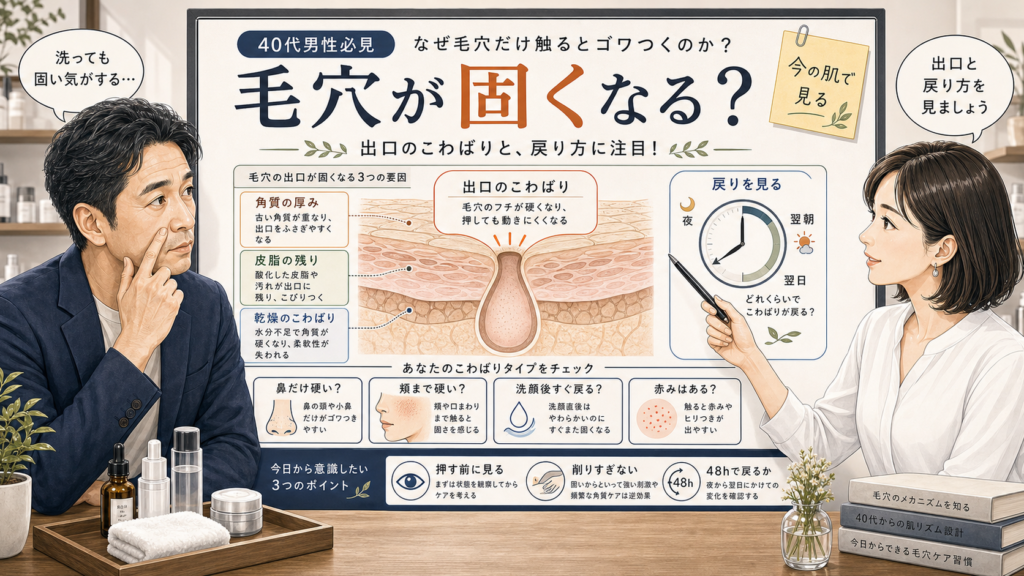 40代男性の毛穴が固くなる原因を出口のこわばりと戻り方で見る相談ボード