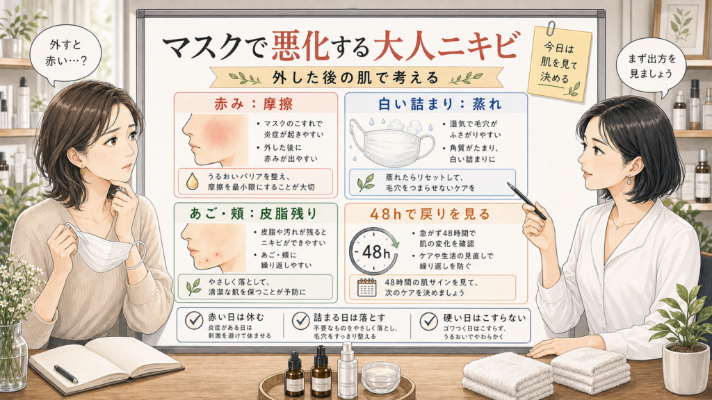 マスクで悪化する大人ニキビを赤み、蒸れ、皮脂残り、48時間で見る相談ボード